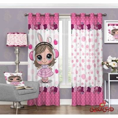 پرده 2عددی کودک طرح دختر خرگوشی صورتی کد 3122