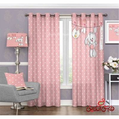پرده 2عددی کودک طرح خرگوش و بند رخت (پس زمینه صورتی )کد 3134
