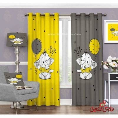 پرده 2عددی کودک طرح فیل طوسی و زرد  کد 3146
