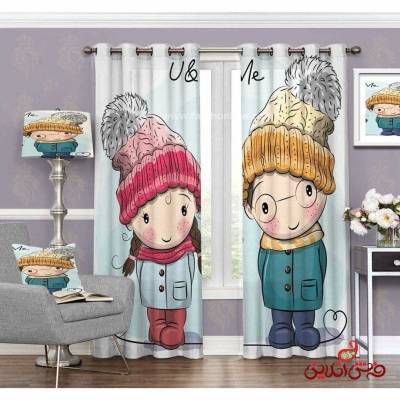پرده 2عددی کودک طرح دختر و پسر کلاه پشمی دار کد 3152