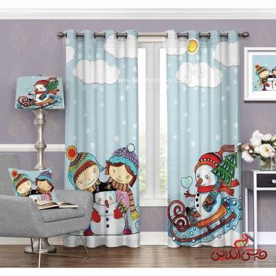 پرده 2عددی کودک طرح آدم برفی و دختر و پسر کد 3171