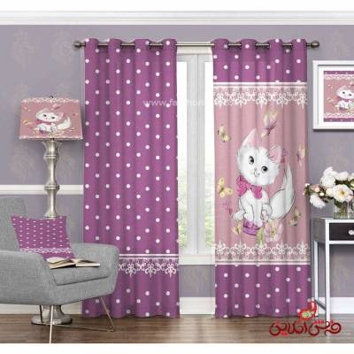 پرده 2عددی کودک طرح گربه صورتی کد 3223