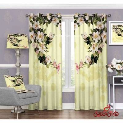 پرده طرح حلقه گل سفید لیمویی کد 3423